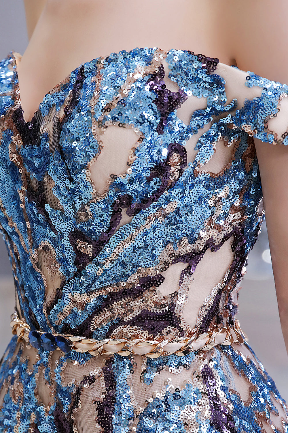 Elegant Multi-Color Long A-line Off the Shoulder Sequins Prom Dresses