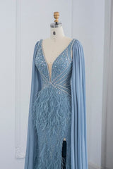 Long Mermaid V-Neck Fur Beadings Front Slit Formal Evening Dresses with Cape Sleeves
