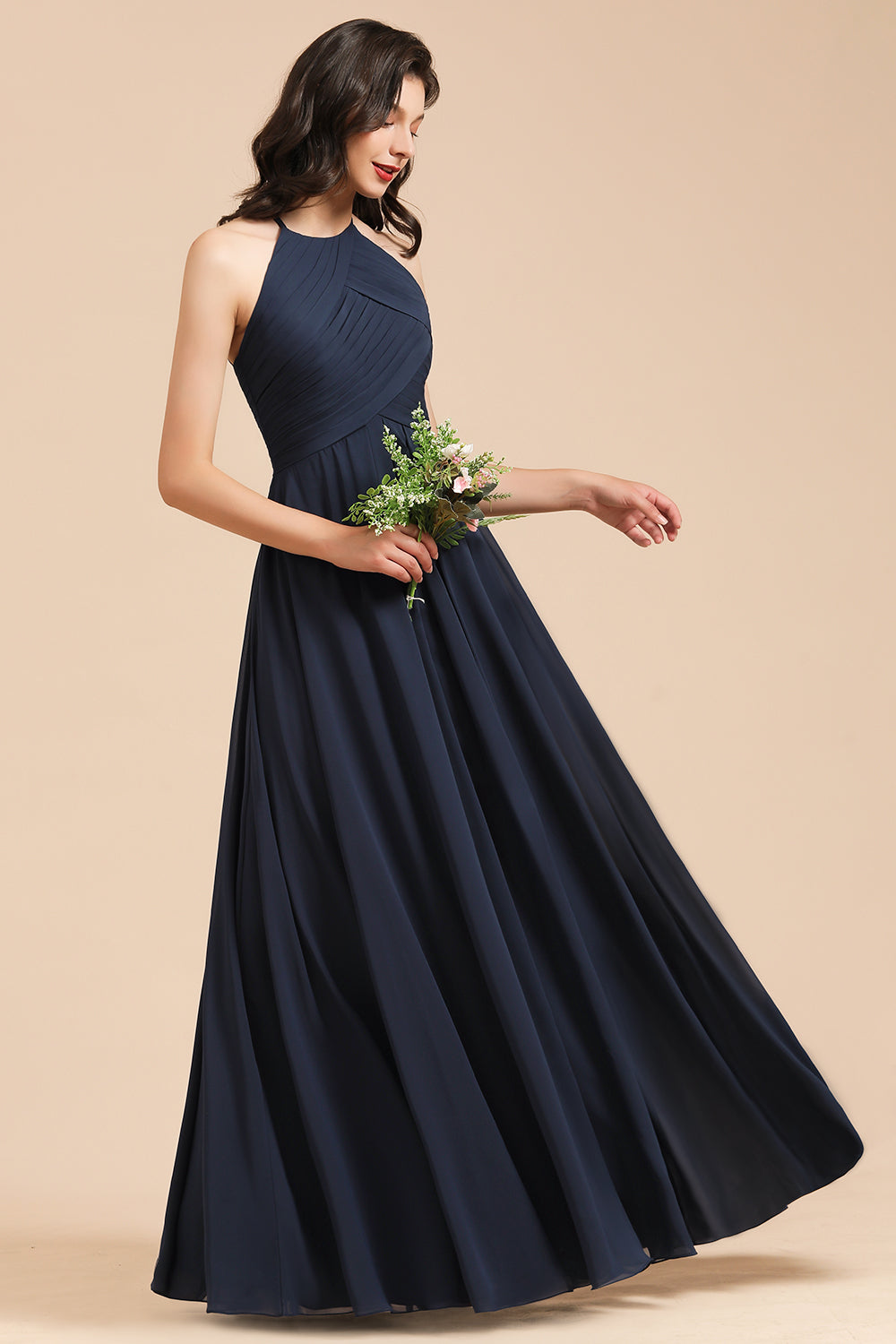 Long A-line Halter Chiffon Dark Navy Wedding Guest Dresses