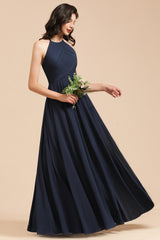 Long A-line Halter Chiffon Bridesmaid Dress Dark Navy Evening Maxi Dress