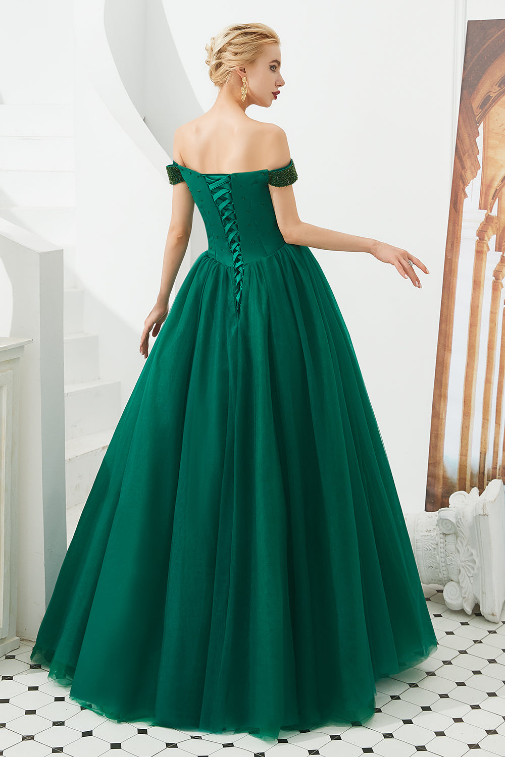 Long A-line Off the Shoulder Tulle Sequin Formal Dresses