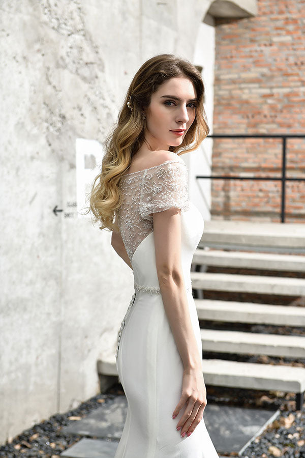 Long Mermaid Satin Lace Wedding Dress with Short Sleeve