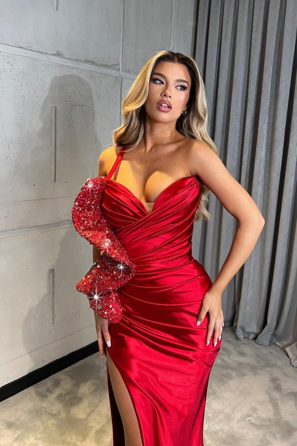 Sexy Long Mermaid Sweetheart Shoulder Open Back Satin Prom Dress with Split Side