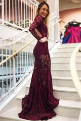 Long Sleeves High Neck Lace Mermaid Prom Dress with Pockets