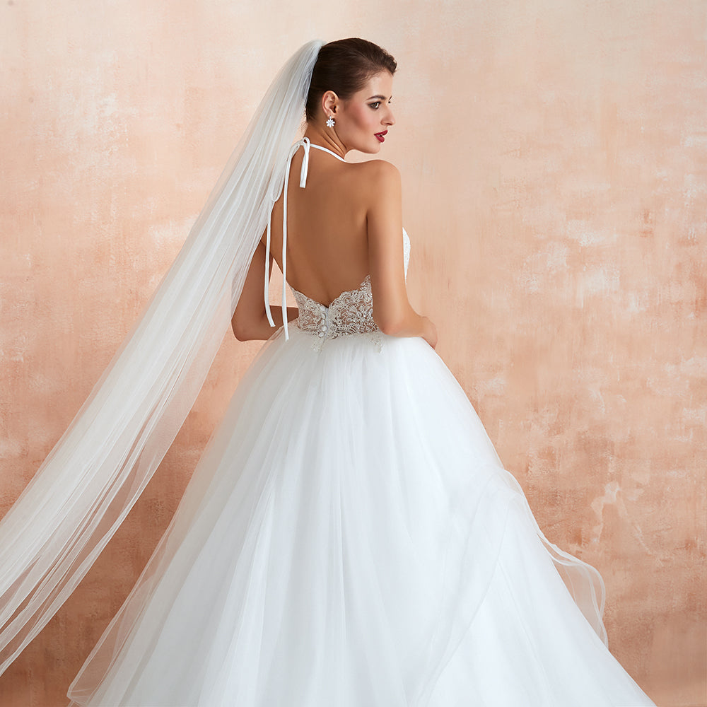 Long Ball Gown Halter Open Back Appliques Tulle Wedding Dress