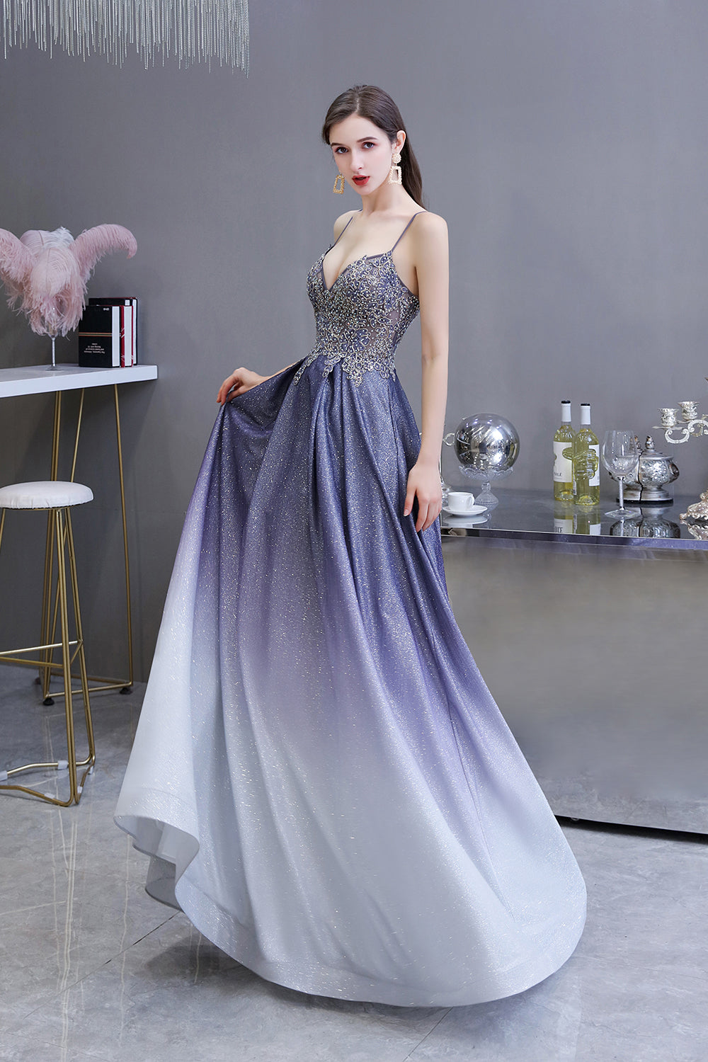 Elegant Long A-line V-neck Spaghetti Straps Appliques Beads Formal Evening Dress
