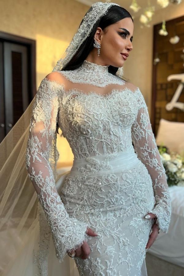 Plus Size High Neck Long Sleeve Lace Mermaid Wedding Dress with Detachable Train