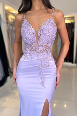 Long Mermaid Spaghetti Straps Lace Appliques Satin Prom Dress with Side Slit