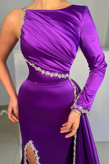Long Sleeves One Shoulder Asymmetrical Beading Floor Length Satin Prom Dress with Slit