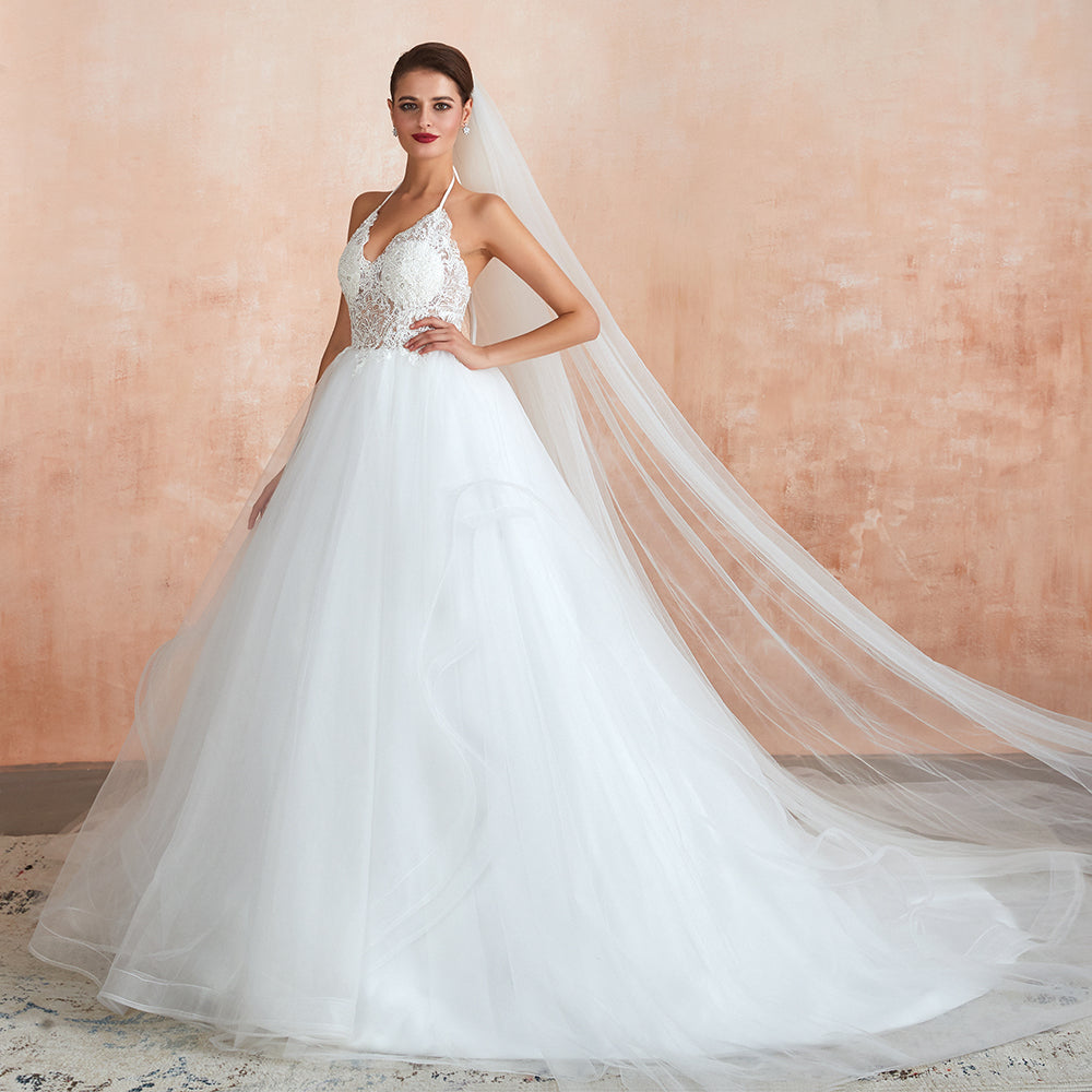 Long Ball Gown Halter Open Back Appliques Tulle Wedding Dress