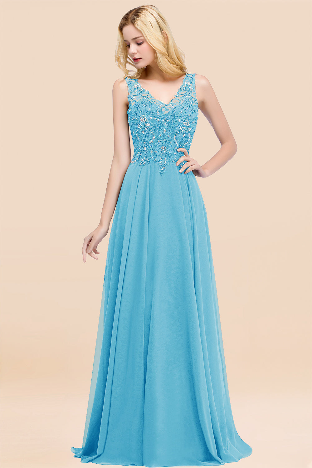 Dusty Rose Lace V-Neck Long Bridesmaid Dresses With Appliques