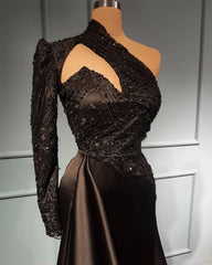 Elegant Long A-line One Shoulder Satin Black Prom Dress with Sleeves
