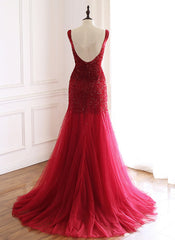 Burgundy Long Tulle Open Back Beaded Mermaid Prom Dress
