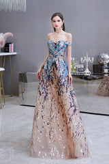 Elegant Multi-Color Long A-line Off the Shoulder Sequins Prom Dresses