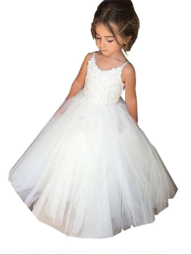 Long A-line Sleeveless Jewel Neck Tulle Lace Ivory Flower Girl Dresses