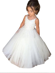 Long A-line Sleeveless Jewel Neck Tulle Lace Ivory Flower Girl Dresses