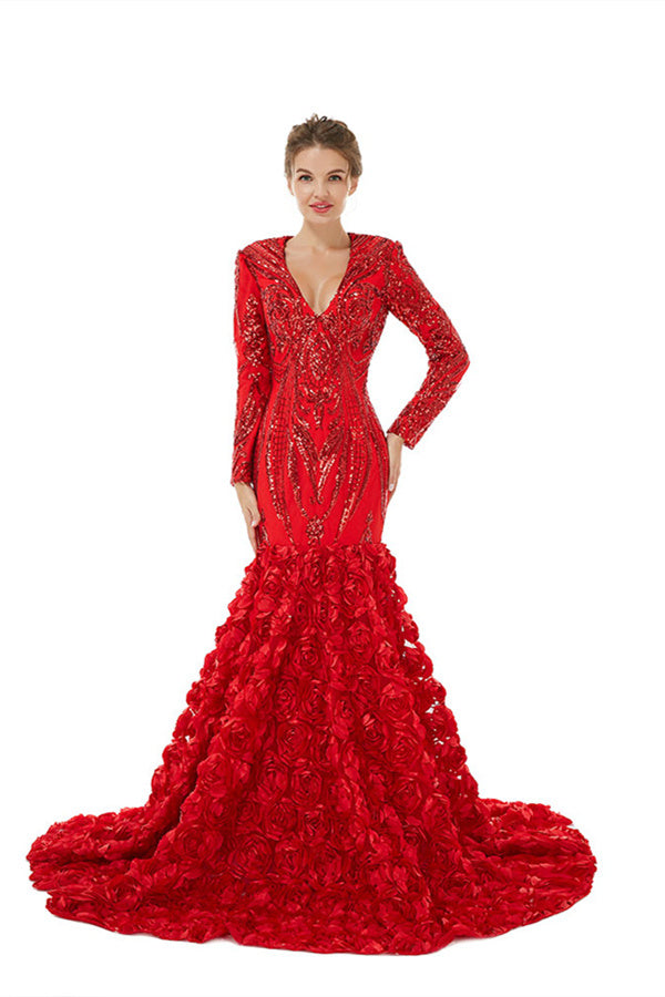 Charming Long Mermaid V-neck Satin Lace Formal Dress with Sleeves