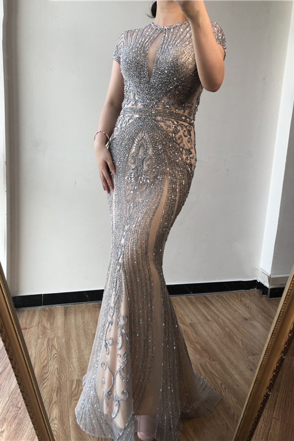 Long Mermaid Jewel Satin Beads Formal Evening Dresses