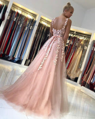 Gorgeous Long A-line Open Back Lace Tulle Prom Dress