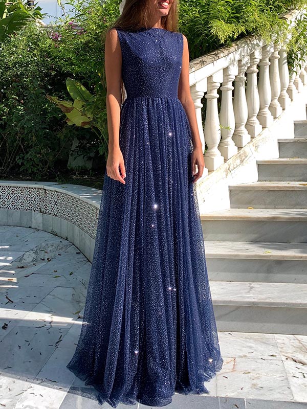 Long A-line Bateau Floor Length Sequins Ruffles Prom Dress With Sequins