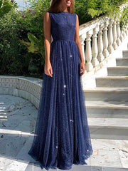 Long A-line Bateau Floor Length Sequins Ruffles Prom Dress With Sequins