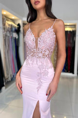Long Mermaid V-Neck Sleeveless Satin Lace Prom Dresses with Slit