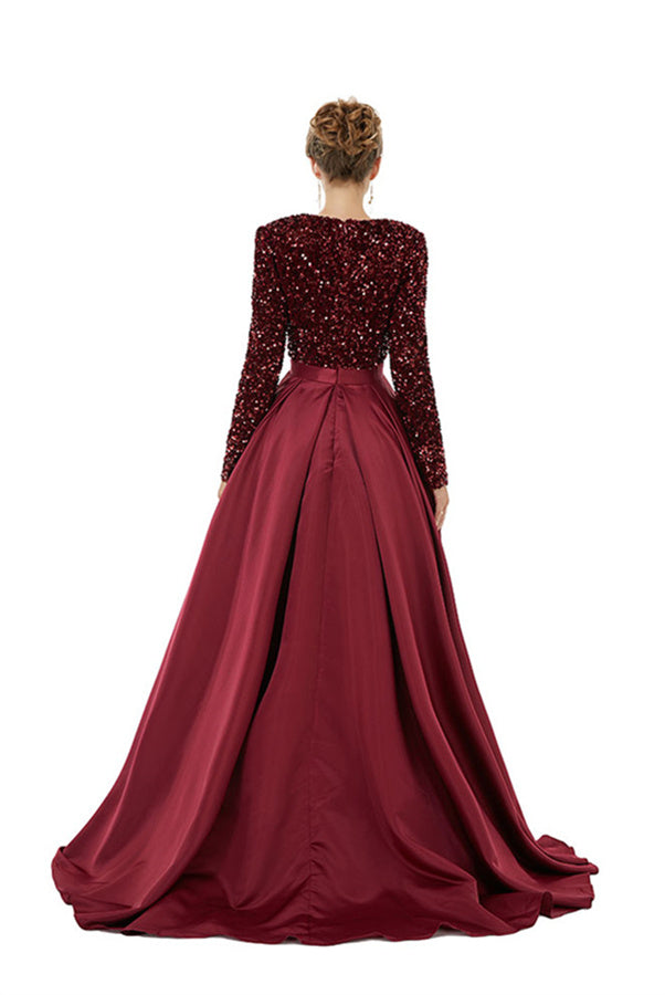 Charming Long Sleeves A-line V-neck Satin Beading Formal Dress With Slit
