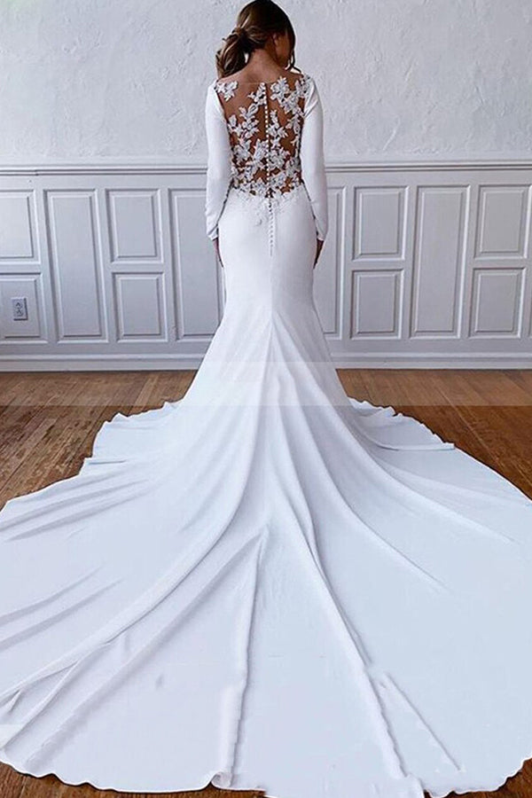 Simple Long Mermaid Satin Lace Back Wedding Dresses with Sleeves