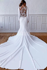 Simple Long Mermaid Satin Lace Back Wedding Dresses with Sleeves