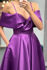 Long A-line Off the Shoulder Spaghetti Straps Satin Prom Dresses