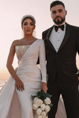 One Shoulder Long Sleeve Sequins Satin A-line Wedding Dress