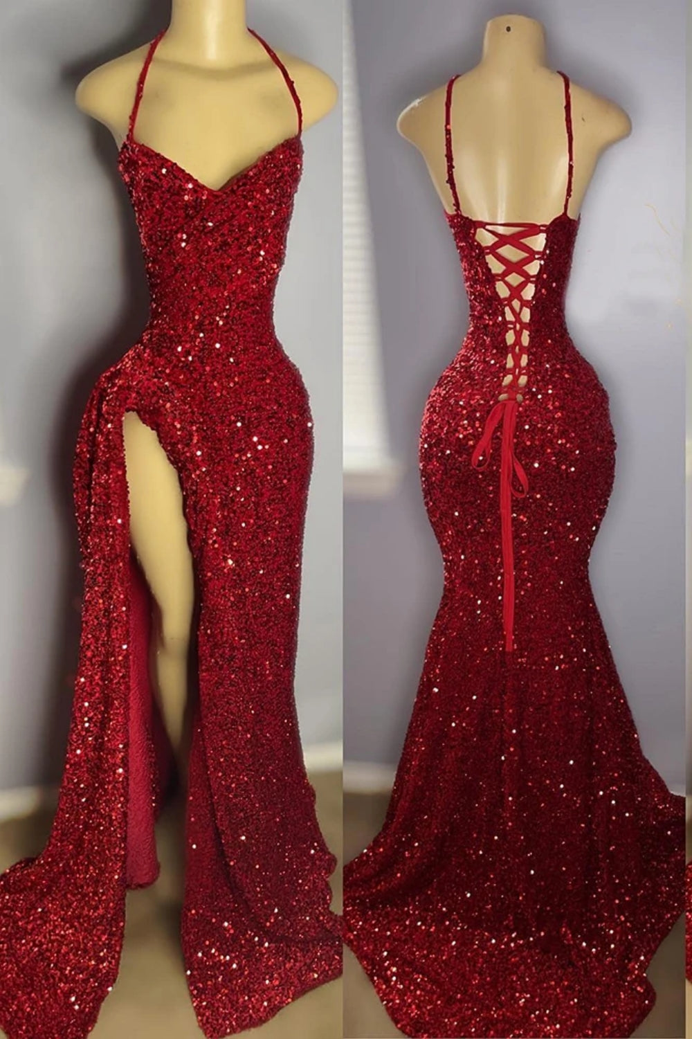 Long Mermaid Sequined Backless Formal Prom Dress with Slit