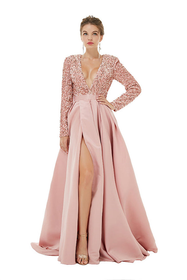 Charming Long Sleeves A-line V-neck Satin Beading Formal Dress With Slit