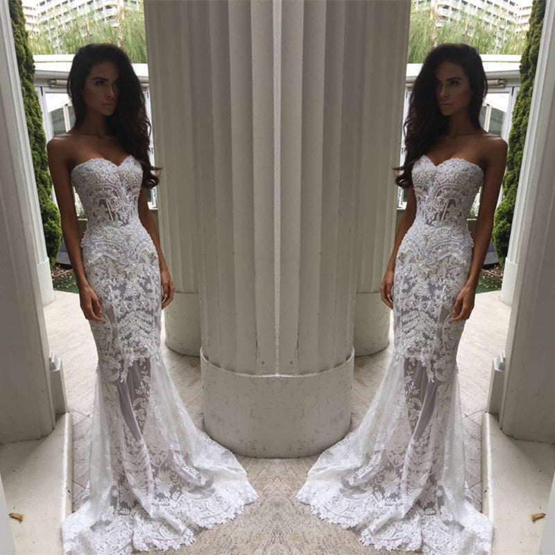 Modest Long Mermaid Sweetheart Lace Appliques Wedding Dresses