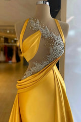 Yellow Long Mermaid Halter Sleeveless Satin Prom Dresses with Train
