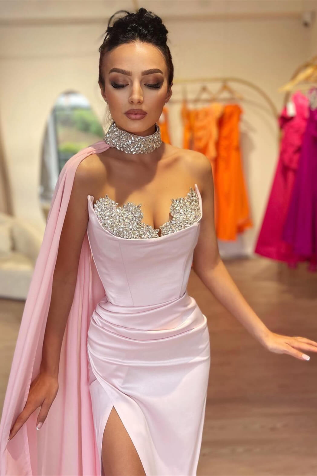 Long Mermaid Sweetheart Satin Split Front Prom Dress with Cape