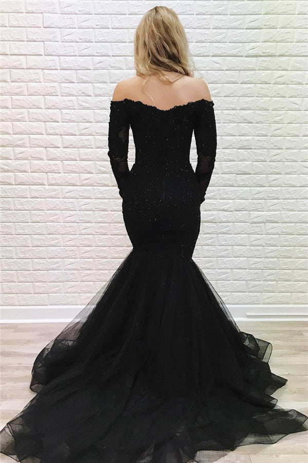 Long Black Off the Shoulder Appliques Mermaid Prom Dress with Sleeves
