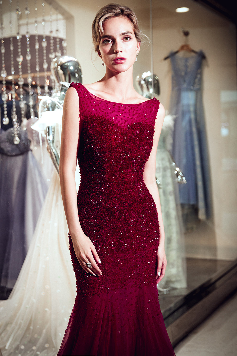 Mermaid Sleeveless Sequined Tulle Burgundy Long Evening Gowns