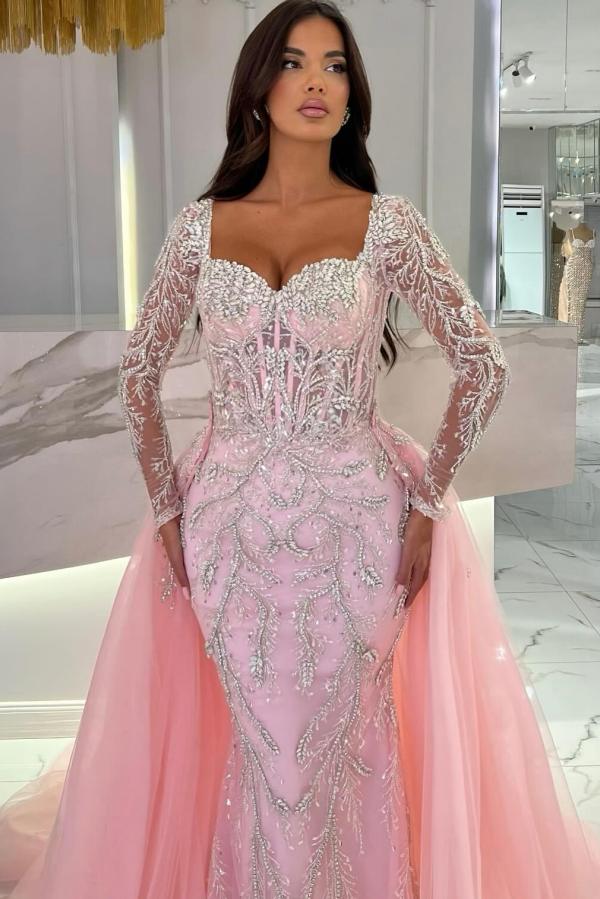 Long Sleeve Sweetheart Appliques Lace Mermaid Formal Dresses with Detachable Train