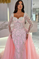 Long Sleeve Sweetheart Appliques Lace Mermaid Formal Dresses with Detachable Train