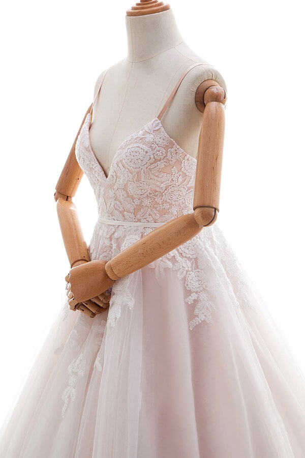 Long V-neck Appliques Lace Spaghetti Strap A-line Wedding Dress
