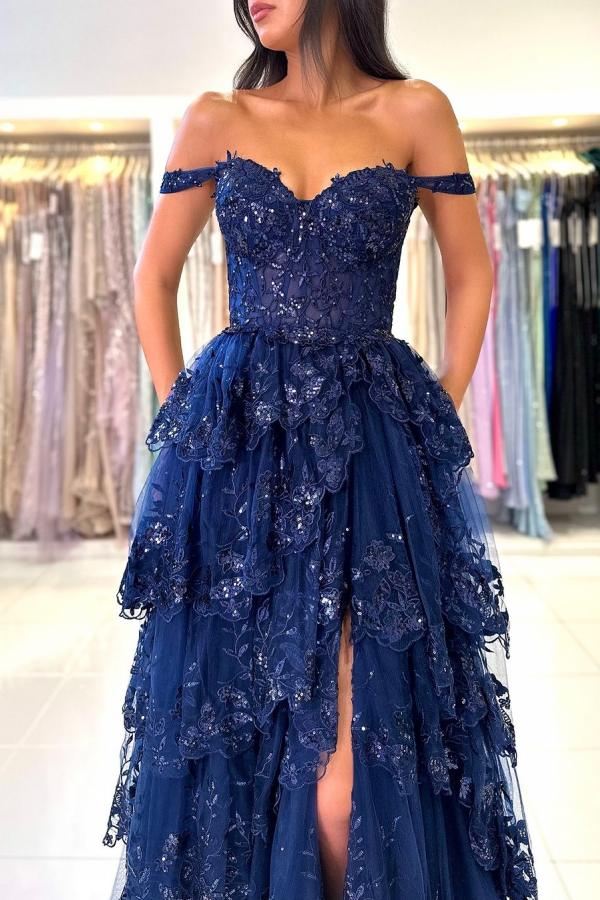 Long A Line Off-the-Shoulder Tulle Appliques Lace Prom Dress with Split Front