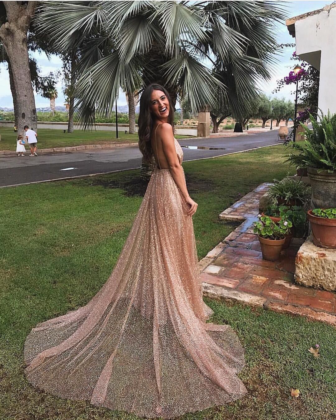 Long V-neck Spaghetti Straps Sequined Backless A-line Prom Dress