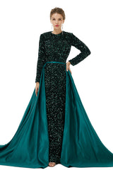 Elegant Long Sleeve Mermaid Sequins Black Formal Evening Dress with Overskirt