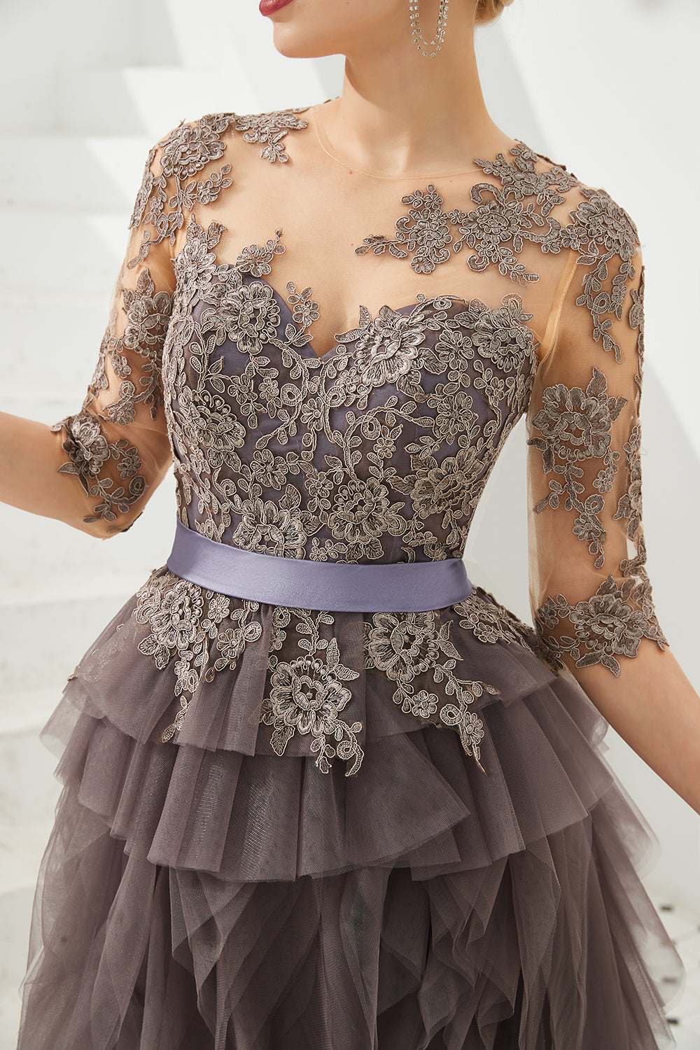 Fabulous Long A-line Jewel Tulle Lace Tulle Prom Dress with Sleeves