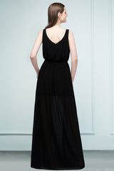 Black Long V-neck Chiffon A-line Evening Dress
