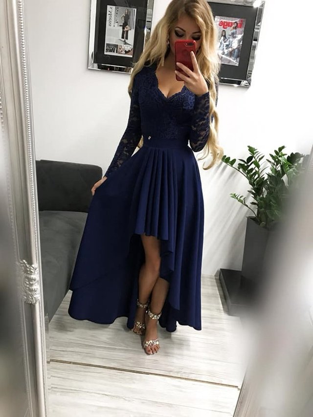 Unique A-line Sweetheart Backless Long Sleeve Appliques Lace High Low Party Dresses