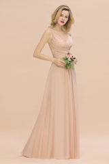 Long Spaghetti Straps V-neck A-Line Chiffon Floor Length Bridesmaid Dress With Ruffles
