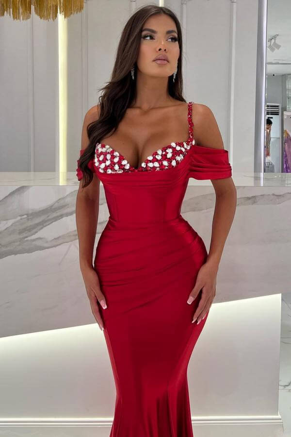 Red Long Spaghetti Straps Off The Shoulder Mermaid Prom Dress