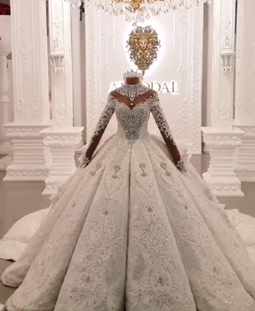 High Neck Train Long Sparkle Applique Satin Ball Gown Wedding Dresses with Sleeves